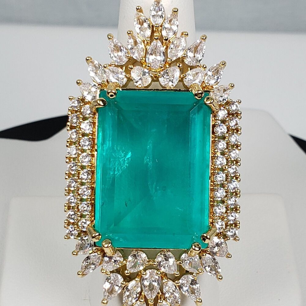 Signed Princess Doublet Natural Emerald with CZ 18KGL Size 9 Cocktail Ring - Picture 7 of 16